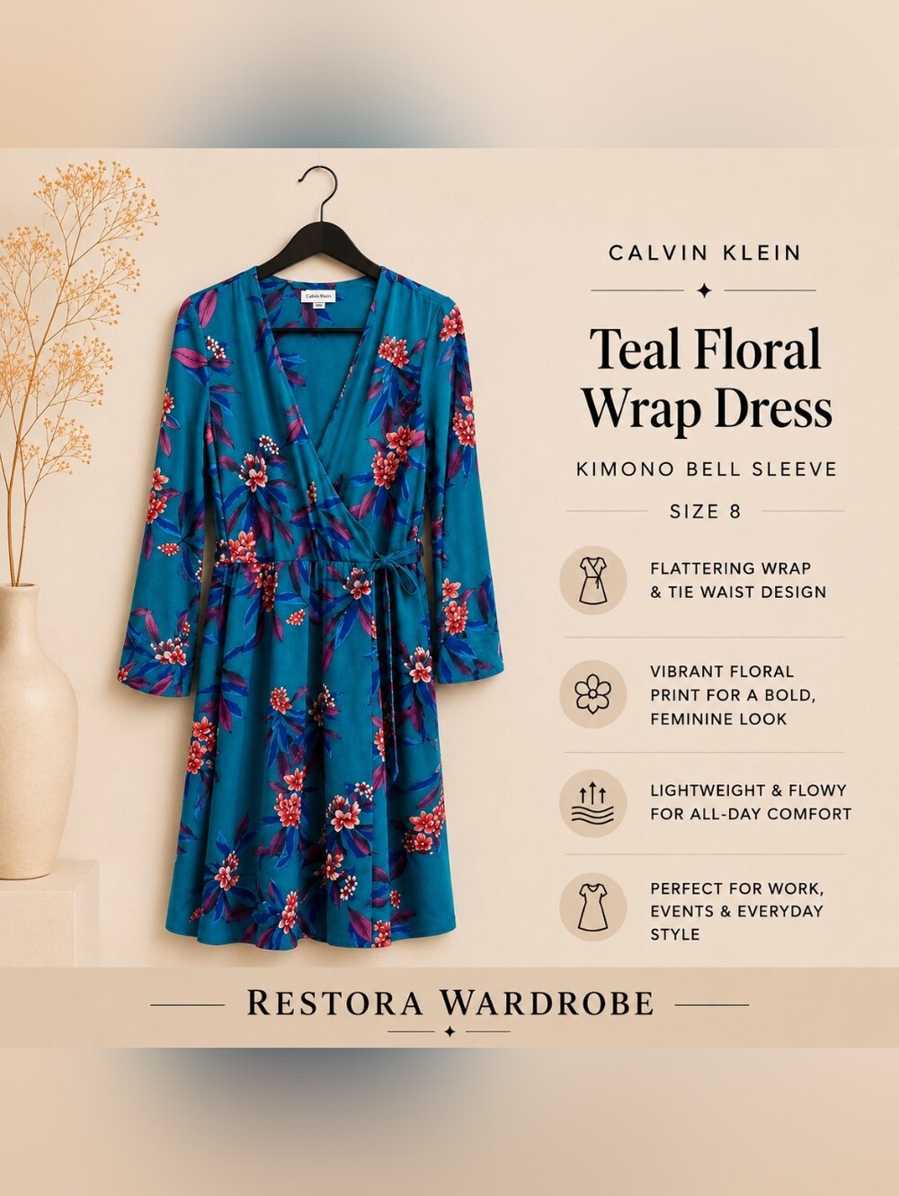 Calvin Klein Teal Floral Wrap Dress Kimono Bell Sleeve Teal Blue Size 8